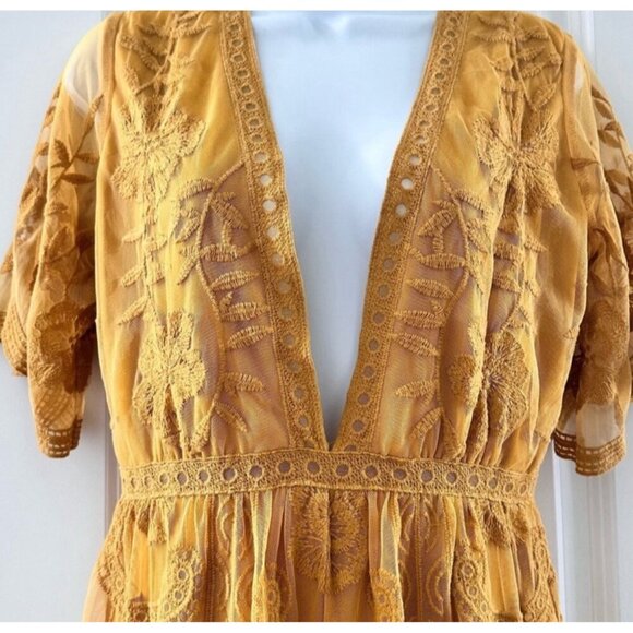 Wild Honey Womens Mustard Embroidered Sheer Romper M - Picture 9 of 10